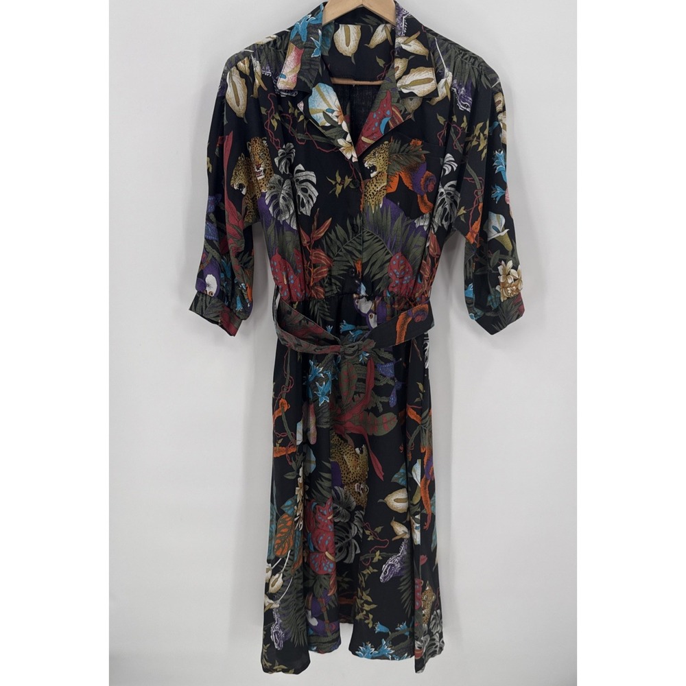 Vintage Womens Amy Deb Safari Leopard Art Midi Dress Size S/M Retro 80's